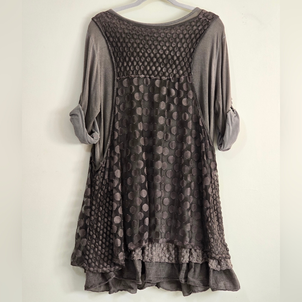 Made in Italy Layered Brown Tunic with Polka Dot Design Sheer Overlay Women's - Picture 3 of 10